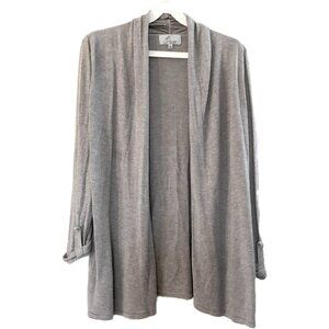 Joan Vass Cardigan  Size S Open Front Light Grey Knit Sweater Roll-tab Sleeves